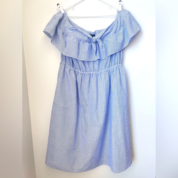 Eloquii Off the Shoulder Seersucker Dress Women's 18 Ruffle Overlay Blue White - Picture 1 of 12